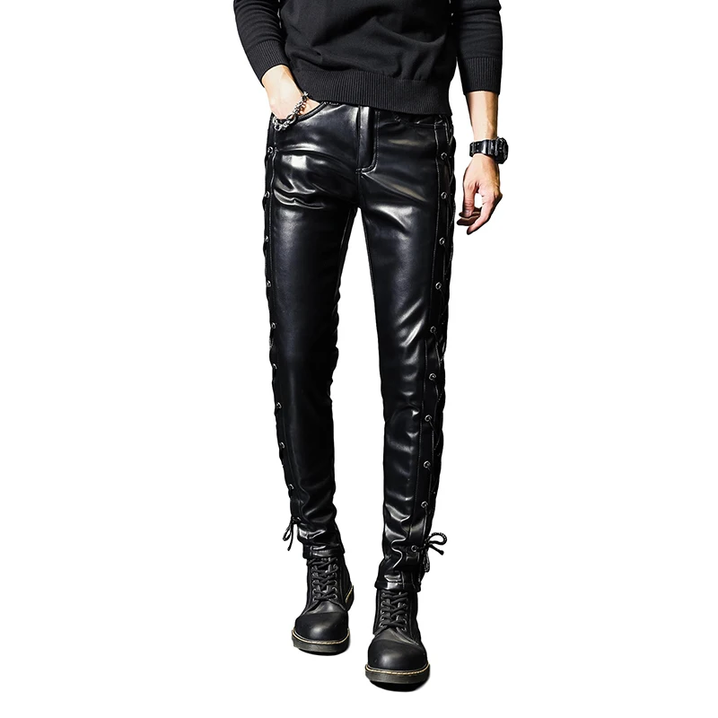 

Idopy Fashion Men's Night Club DJ Pants Skinny Patchwork Sexy PU Leather Side Lace Punk Style Black Trousers For Male