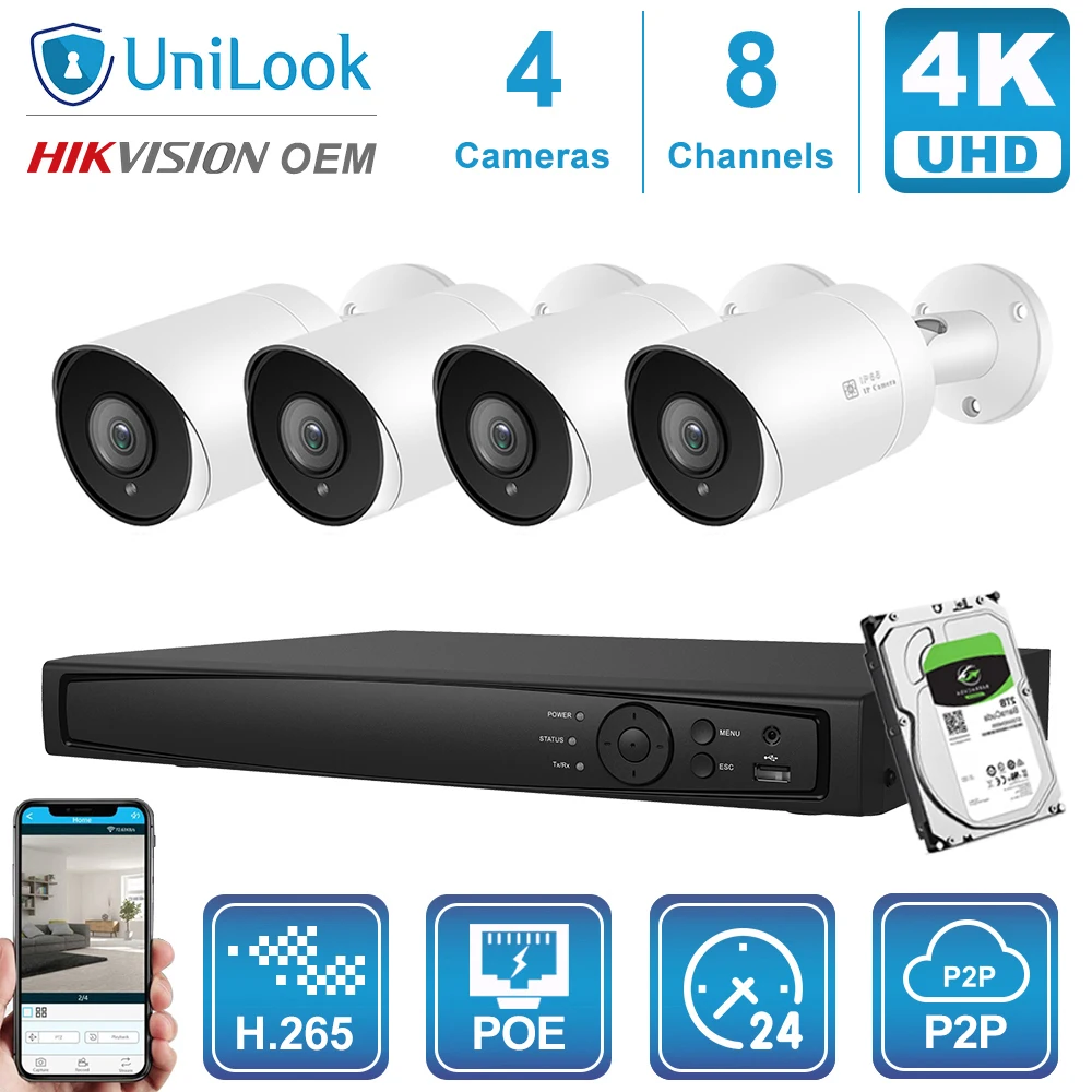 UniLook-Kit de caméra IP POE Bullet, 8 canaux, 4/6/8 pièces, 8MP 4K, NVR, système de sécurité extérieur, vision nocturne, H. disparates, vue P2P