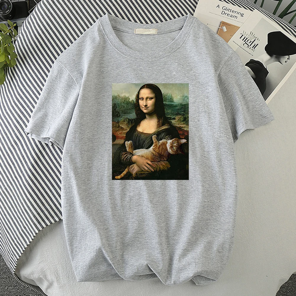 Famous Painting Mona Lisa Hold Cat Prints Men T-Shirts Cool O-Neck Tshirts Creativity Breathable T Shirt Sport Slim Mens Top