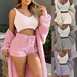 3 Pcs/set Winter Sexy Women Home Wear Suit Casual Pajamas Set Lady Female Soft Warm Long Sleeve Exposed Navel Vest Shorts Set