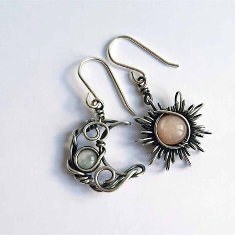 Trend Bohemia Style Sun and Moon Earring Silver Color Inlaid with Natural Stones Hook Dangle Earrings Women Party Jewelry