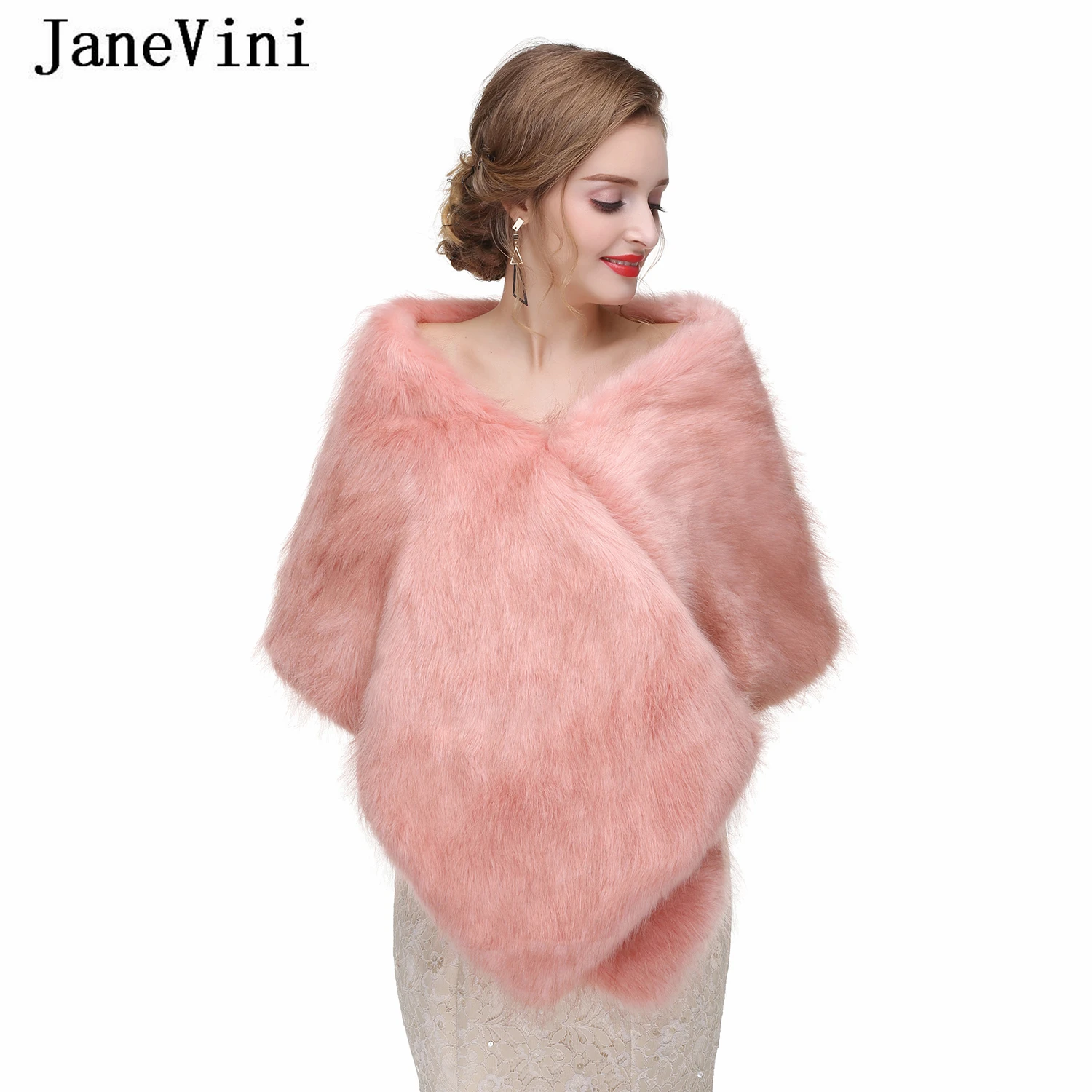 

JaneVini 2021 Elegant Winter Bridal Faux Fur Shawls Wraps Warm Women Soft Furry Cape Jacket for Wedding Party Boleros Nupciales