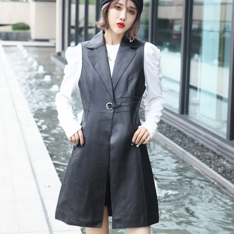 Women Autumn Slim Fit Mid Long Genuine Leather Vest Coat Vintage Ladies Streetwear Sheepskin Sleeveless Jacket Casual Waistcoat