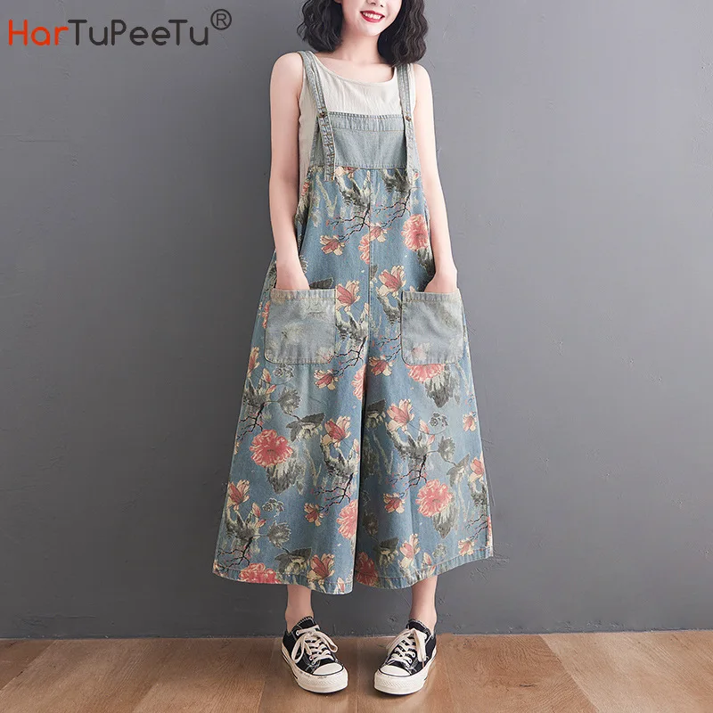 Vintage Floral Print Denim Jumpsuit Women Summer Autumn 2021 Wide Leg Jumpers Ankle-Length Casual Jeans Pockets Loose Bib Pants