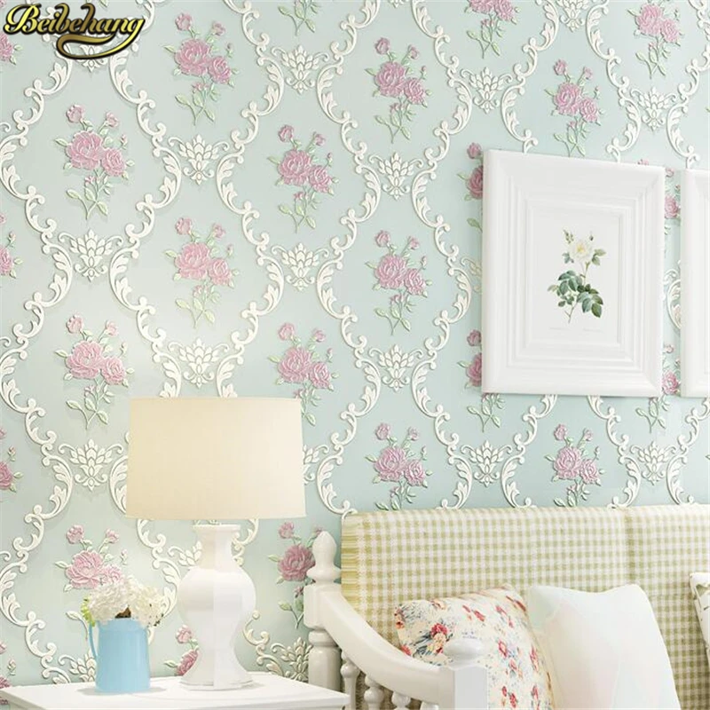 beibehang 53X300cm European non-woven self-adhesive wallpaper 3D garden pink wall paper roll bedroom living room TV background