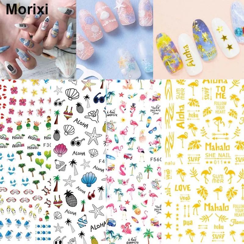 

Morixi nail art sticker for summer season fish shells green leaves printing DIY manicure decoration self glue nail decals JM007