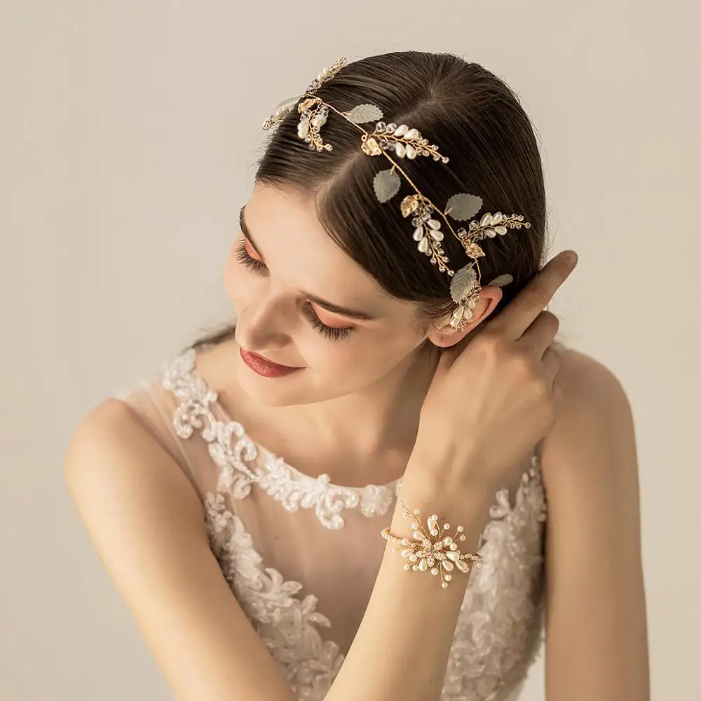 O545 Chiffon leaves gold women hairband crystal bead custom rhinestone hair band headbands wedding headpiece