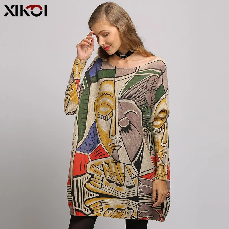 XIKOI Wool Oversized Sweater For Women Winter Warm Long Pullover Dresses Fashion Print Jumper Casual Knitted Sweaters Pull Femme