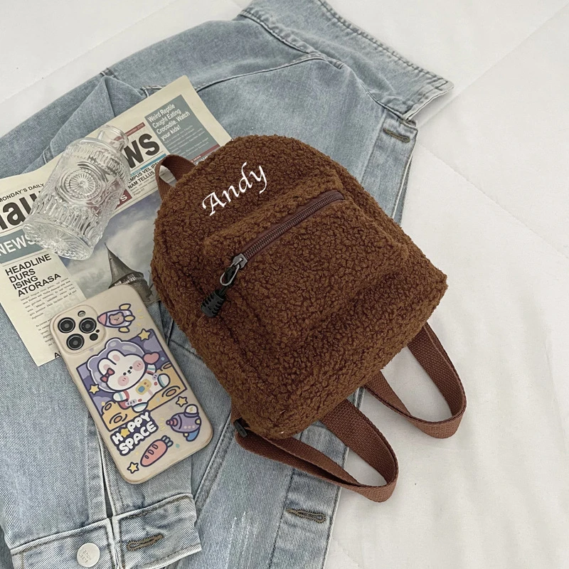 Personalisierte Bestickt Mini Rucksack Für Mädchen Nach Kawaii Plüsch Frauen Rucksack Schultern Tasche Faux Lamm Fleece Rucksack