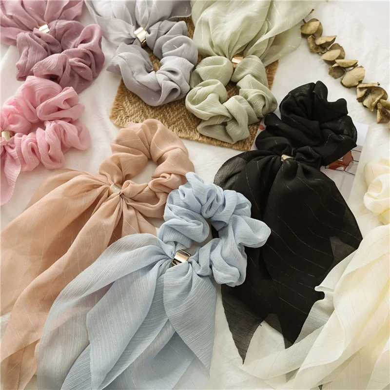 Chiffon Long Ribbon Bow Scrunchies Women Girl Ponytail Holder Scarf Hair Ties Elastic Hair Band Rope Headbands Hair Accessories