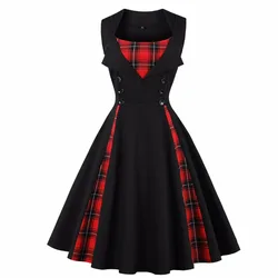 Red Black Plaid Print 50s Vintage Dress Plus Size 5XL Audrey Hepburn Womens Clothing Sleeveless Summer Rockabilly Swing Dresses