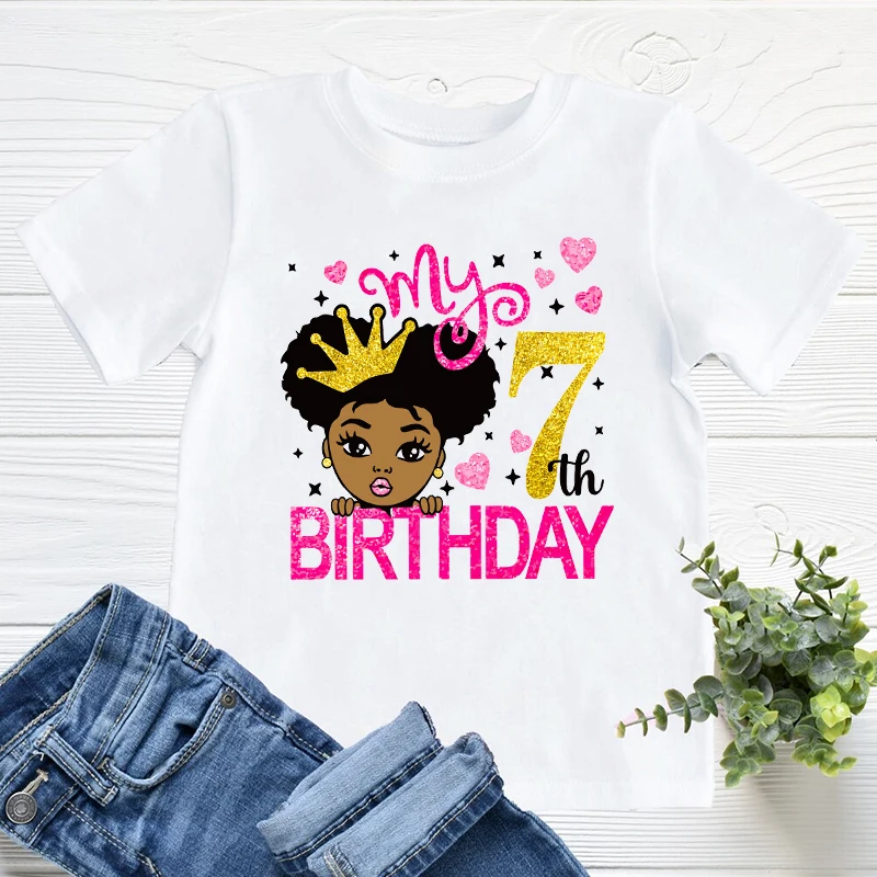 Happy Birhday Black Girl 1 To 10 Years Old Printing For Kids Birthday Gifts Clothing Girls T-Shirts Black Pigment Girls Clothes