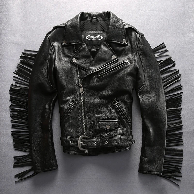 

Super Fast Shipping 2021 Motorcycle Biker Black Jacket Genuine Leather Vintage Jacket Male Cowskin Tassel Slim Fit Black Coat