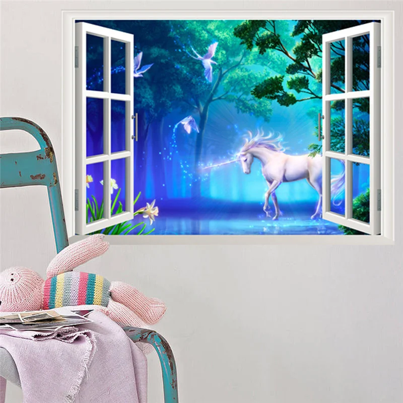 

Fantastic Unicorn 3D Window Wall Sticker For Kids Room Bedroom Home Decoration Animal Forest Scenery Mural Art Diy PVC Decal