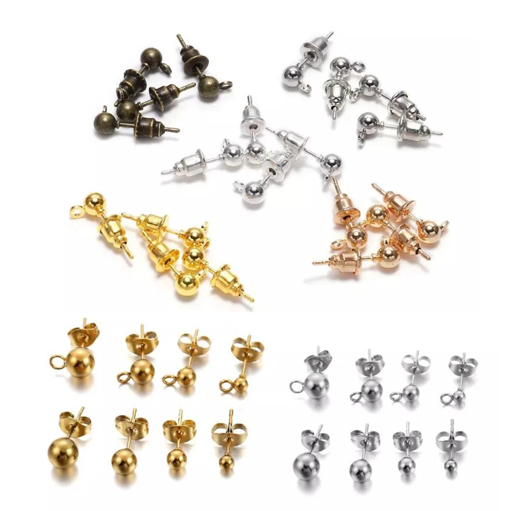 

20-50Pcs Gold Rhodium Ball Beads Stud Earring Ear pin Post Stopper Earplugs For Jewelry Making Findings DIY Accessories