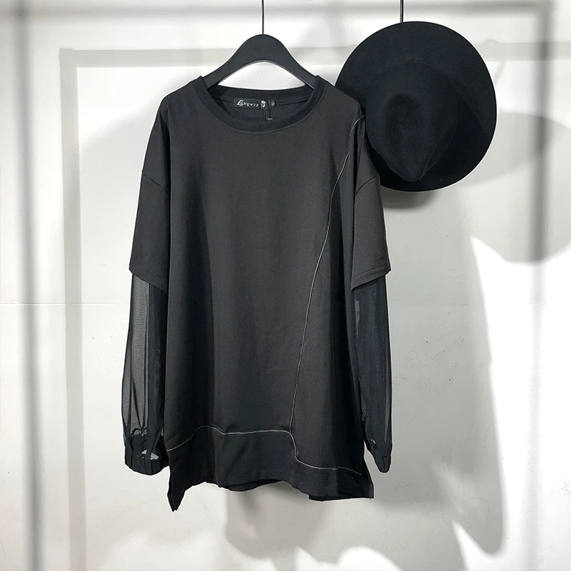 Men's Long Sleeve T-Shirt Spring/Autumn New Dark Round Collar Personalized Organza Stitching Sleeve Fashion Trend T-Shirt