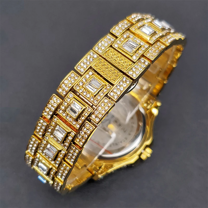 Luxe Golden Men Watch Auto Calendar Waterproof Couple Watches Royal Blue Dial With CZ Arabic Numbers Baguette Bracelet Timepiece
