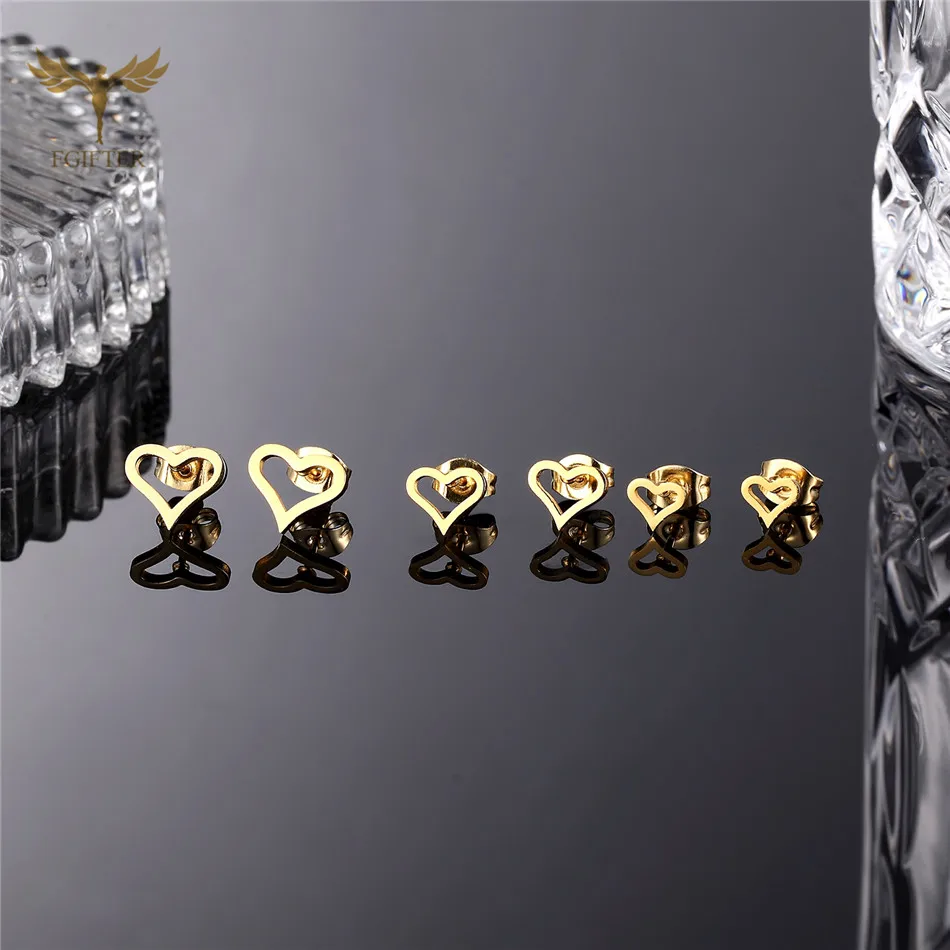 Korean Heart Earrings Gold Color Stainless Steel Accessory for Women Simple Ear Studs Fashion Jewelry Wholesale 12 Pairs Lot