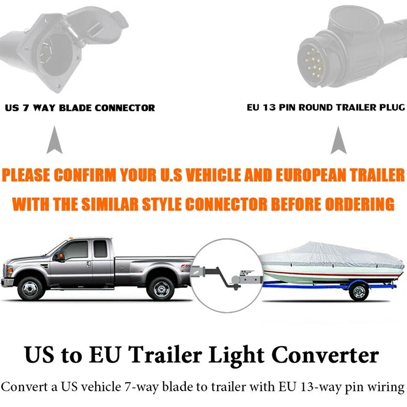 USA to European Trailer Light Converter 7 Way Flat Socket (US Vehicle) to 13-Pin Round Plug (EU Trailer)