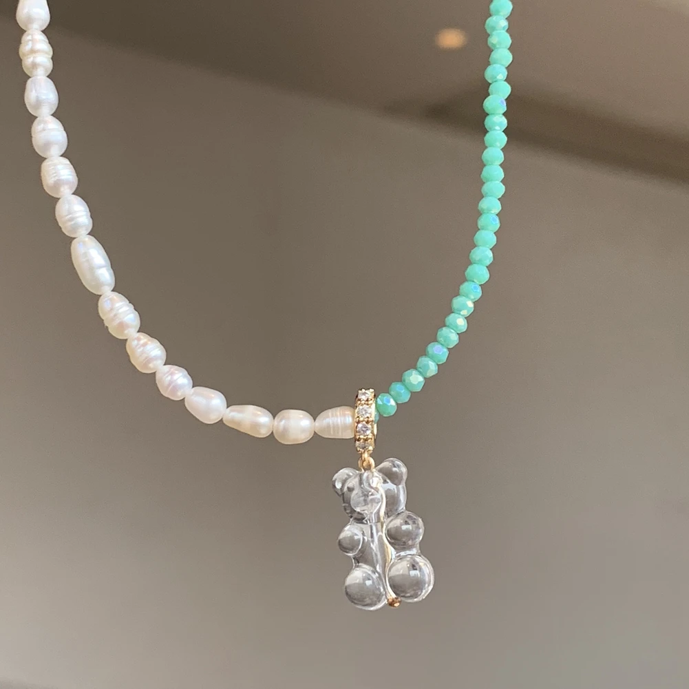 Boho Shiny Colorful Glass Beads Stone Beaded Necklace Resin Gummy Bear Zircon Pendant String Beads Choker Necklaces Women Jewely