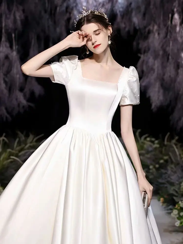 Hot Sale Simple Satin Wedding Dress Vestidos Vestido De Noiva Short Dleeves Quarter Collar Robe To Be Robe De Mariage