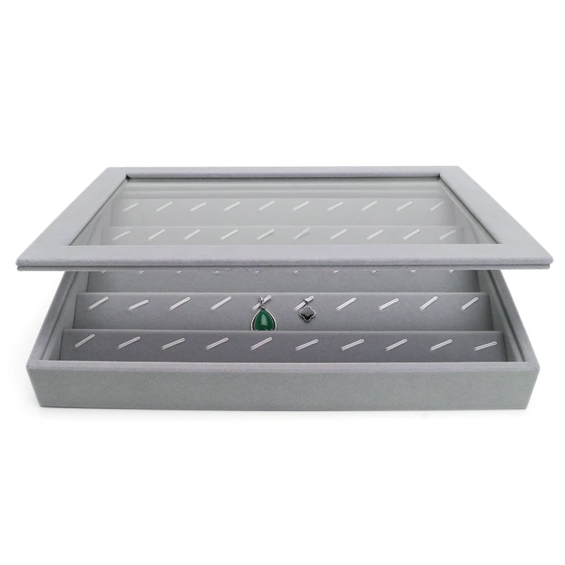 2PCS  Velvet  Organizer Gray Tray Jewelry Display Case Holder Storage Box Container With Plastic Covered Multifunction