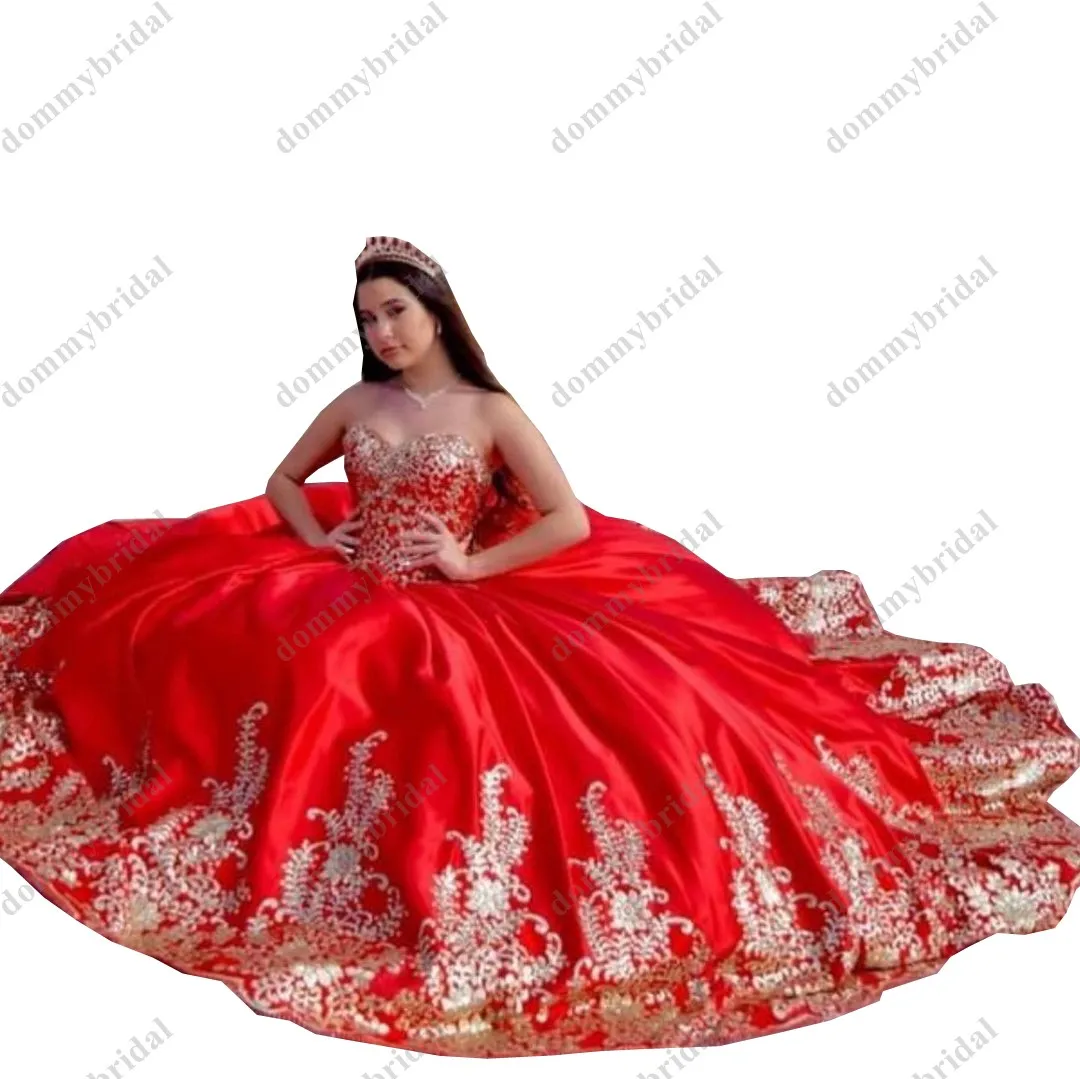 Gaun Prom Quinceanera Meksiko Murah Bordir Merah dan Emas Cantik 2021 Gaun Pesta Charro Sayang Panjang Selantai Renda