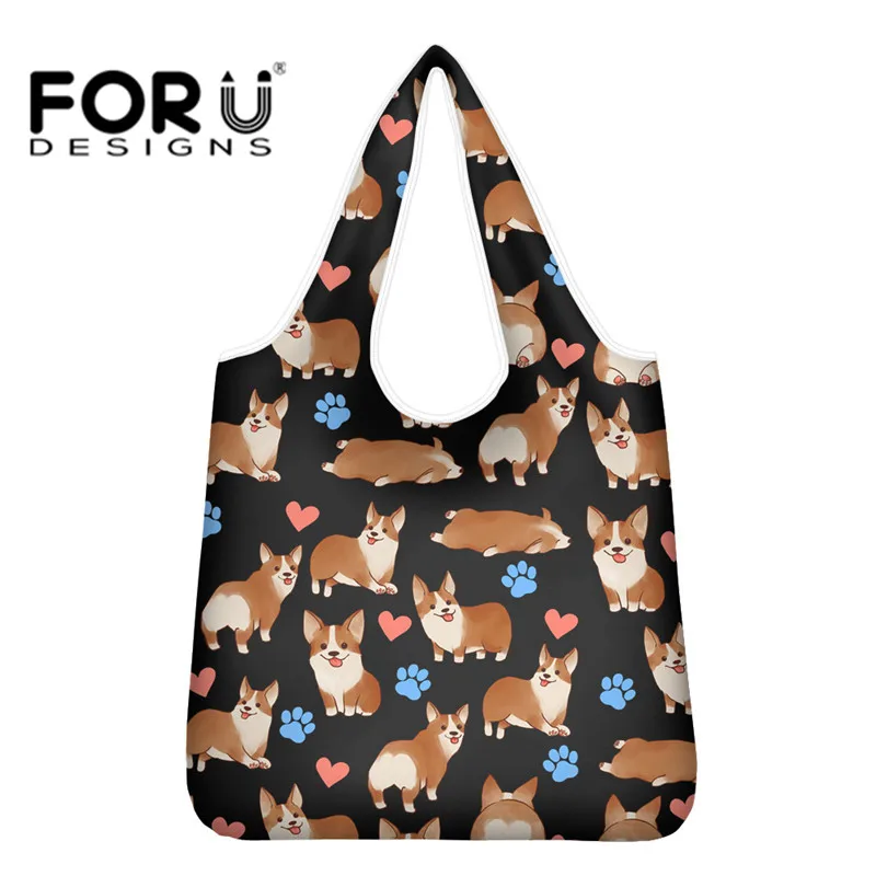 

FORUDESIHNS Corgi Shoulder Handbags Black Cute Eco-friendly Daily Shopping Bags Reusable Sturdy Lightweight Folding Grocery Bags