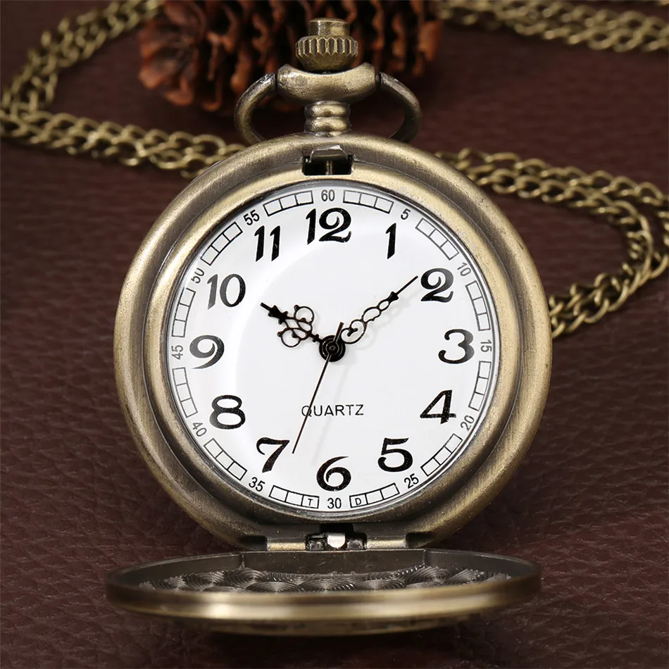 Bronze Engraved Roman Numerals Hollow Quartz Pocket Watch Classic Antique Necklace Pendant Clock Gifts with Chain