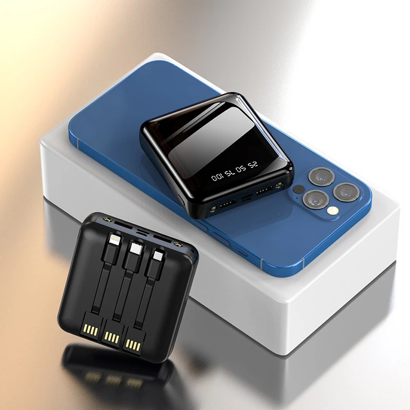 Portable Power Bank with Built in Cable External Battery Charger Powerbank for Xiaomi 14 10 iPhone Charger 20000mAh with Light