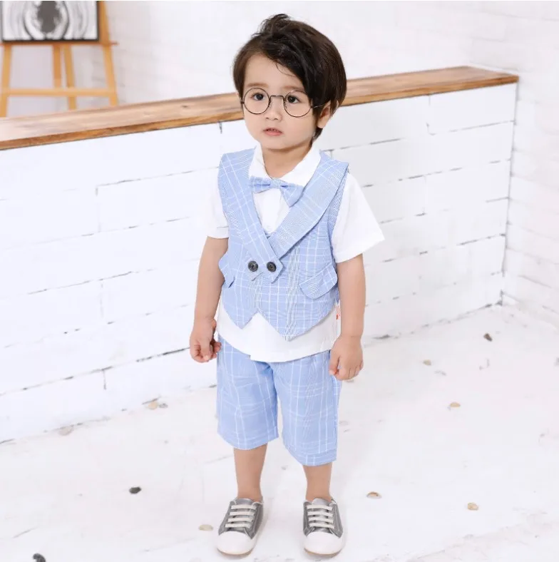 2021 New Summer Arrival Plaid Bowtie Decorated Boys 3-piece vest Suit Set /Flower Boy Clothes/Children's Birthday Party Wear3252