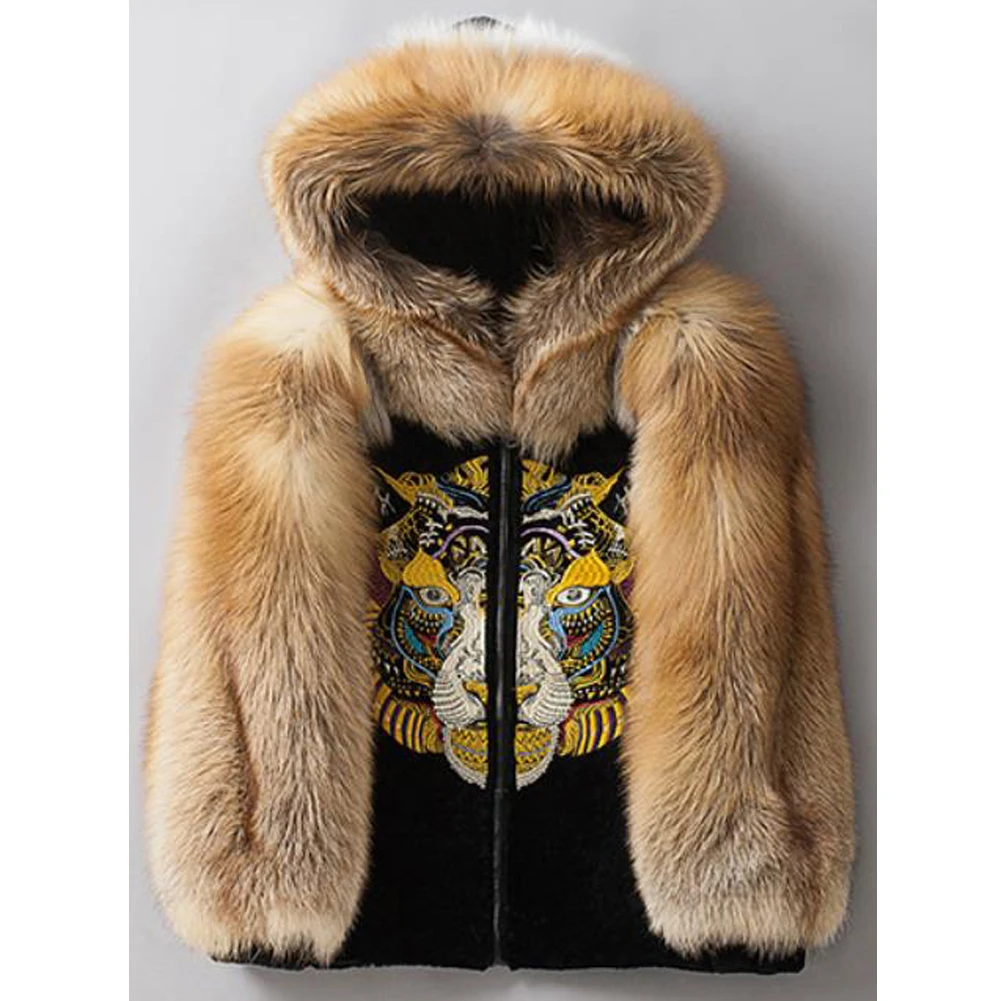 

Mens Sheepskin Shearling Jacket Fox Fur Coat Hooded Mens Leather Jacket Embroidery Winter Coats