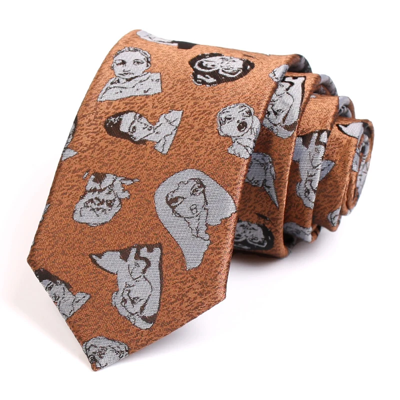 

New Design Fashion Causal Head Portrait Print Ties High Quality 7CM Orange Tie For Men Business Suit Work Necktie With Gift Box