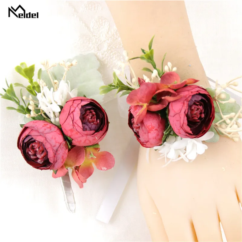 Meldel Chú Rể Boutonniere Hoa Cưới Lụa Hoa Hồng Phù Dâu Cổ Tay Corsages Cưới Vòng Tay Hoa Xòe Phù Hợp Với Chân Trang Trí