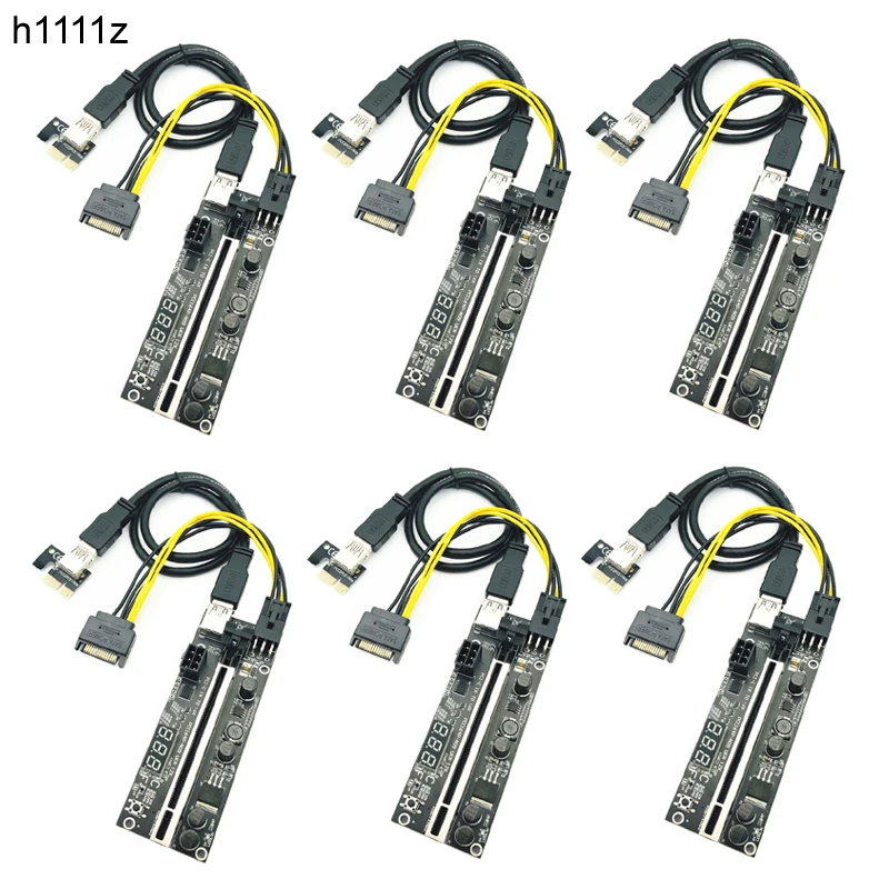 6Pcs PCIE Riser 1x to 16x Express Extension 6Pin Powered Riser Adapter Card Temperature Sensor for Bitcoin GPU Mining Video Card