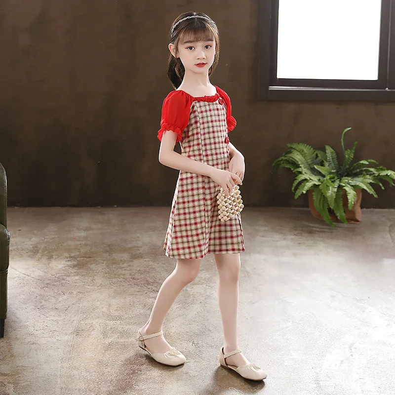 Cute Children Girls Qipao Lattice Splicing Cheongsam Dress Girlsdress Fairy Stage Dancewear New Trend Kids Costumes Cosplay