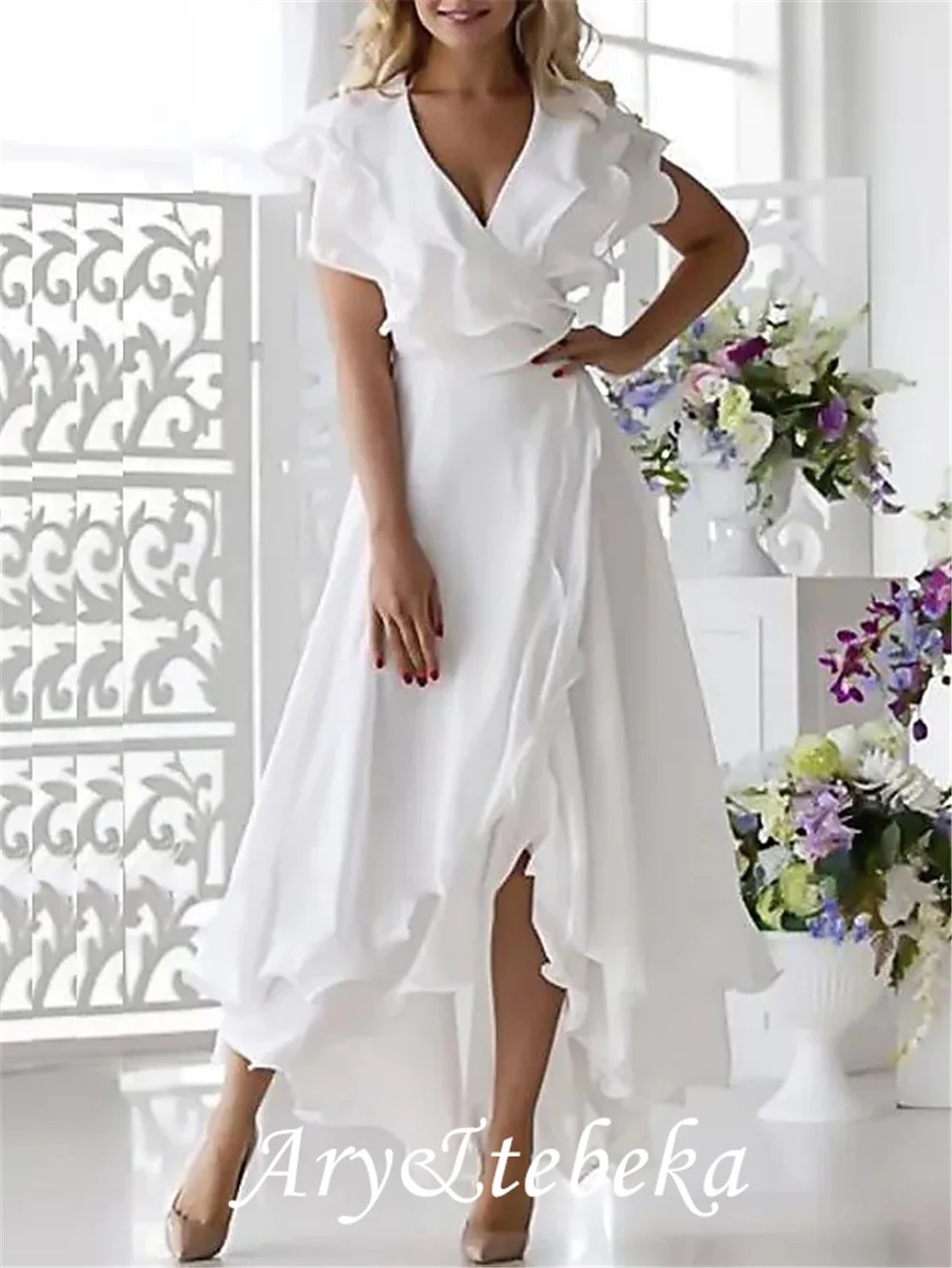 A-Line Mother of the Bride Dress Elegant V Neck Asymmetrical Chiffon Short Sleeve with Ruffles Split Front 2021