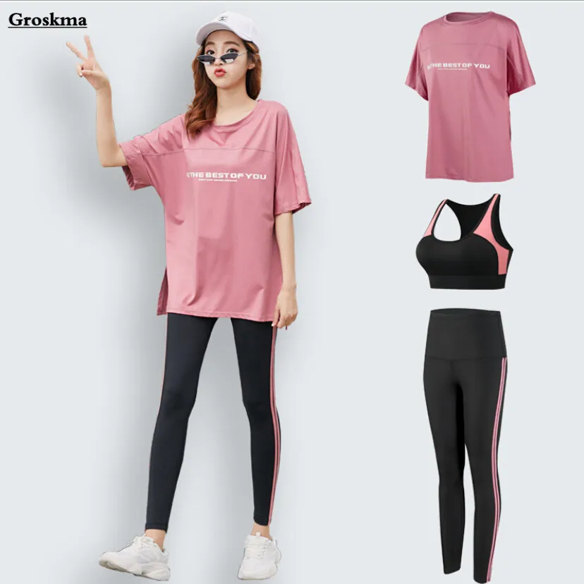 Luźna koszulka + biustonosz + spodnie damski zestaw do jogi szybkoschnący strój do ćwiczeń na świeżym powietrzu odzież sportowa zestawy do biegania plus size zestaw sportowy