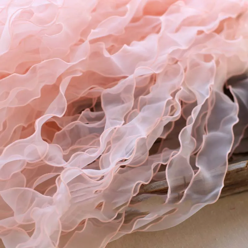 

24meters Ruffle Lace Edge Trim Shiny Pink White Pleated Ribbon Fabric Hem For DIY Crafts Baby Dress Bouquet 5cm Width