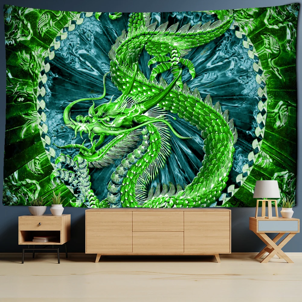 Rreen Loong Dragon Totem Tapestry Cartoon Castle Wall Hanging Room Carpet Bedspread Beach Mat Tapis Home Decor Tapestries Art