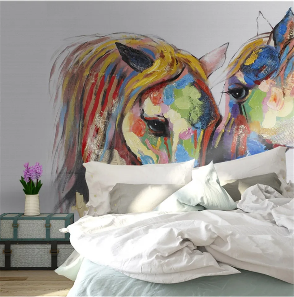 Bacal European Hand-painted Color Couple Horse Oil Painting Photo Wallpapers for Bedroom 3D Wall Paper Mural Home Decor