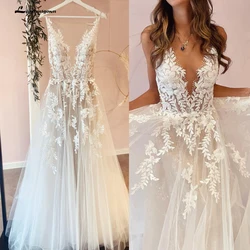 Sexy A-Line Backless Wedding Dress Customized Lace Applique Beaded Off White Tulle Wedding Gowns Trouwjurk Long Bridal Dress