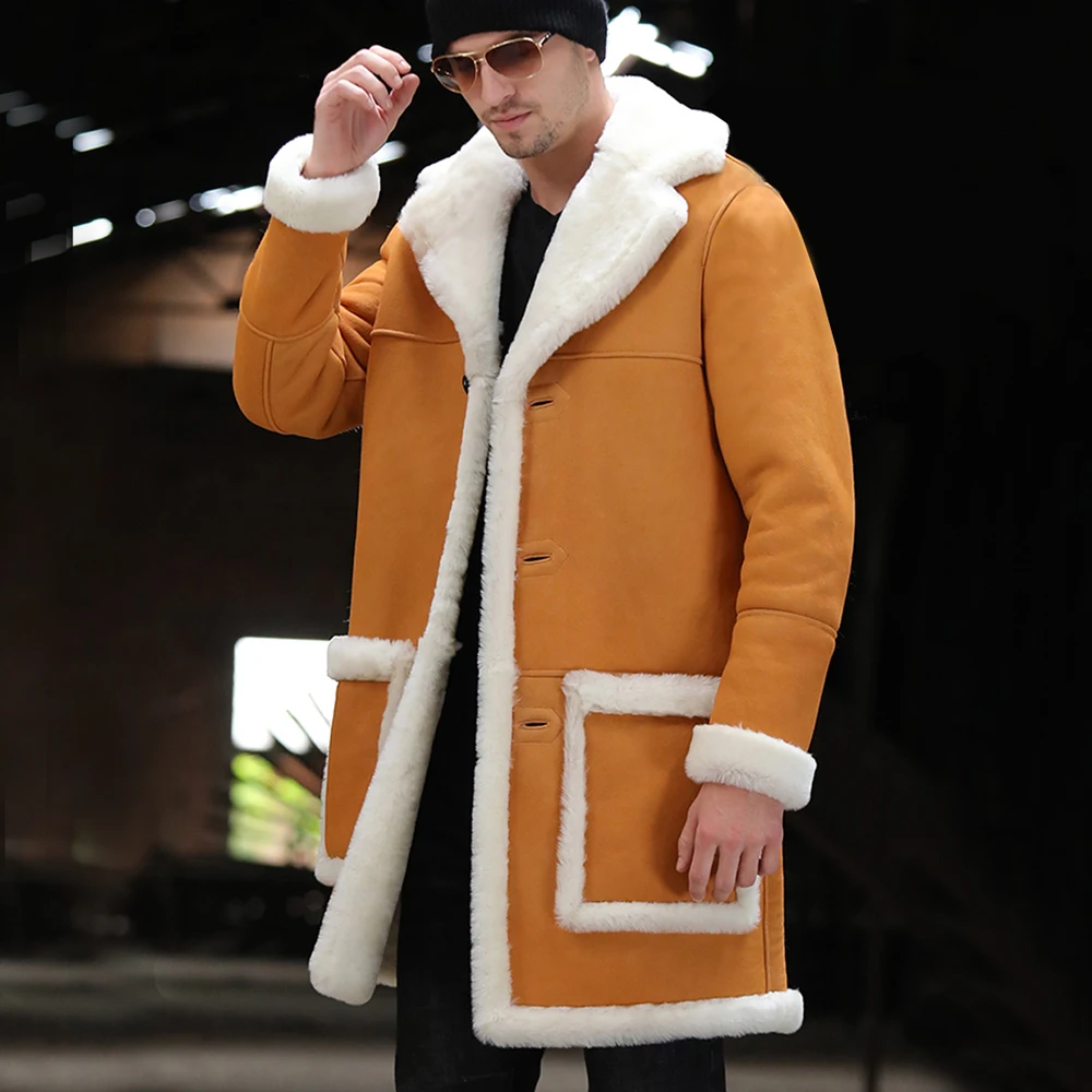 Soft Comfortable Sheepskin Fur Shearling Coat Yellow Winter Medium Long Real Fur Coat Men Warm Genuine Leather Suedue Jackets