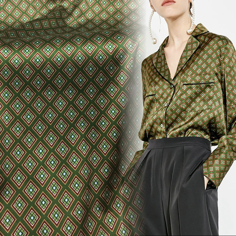 

2021 Silk Satin Fabric New Avocado Green Retro Geometric Plaid Printed Stretch Silk Shirt Fabric
