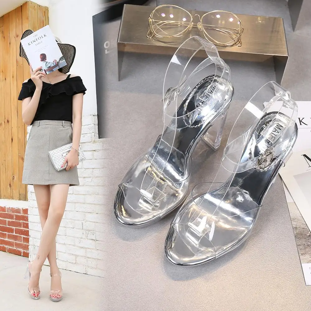 Sexy Transparent Sandals Women Crystal Heel Waterproof Platform High Heels Word Thick-heeled 11CM Car Model Shoes Slippers Women