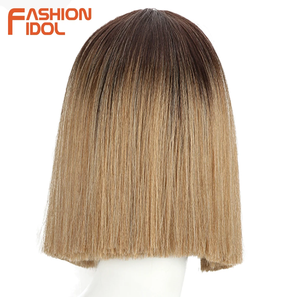 FASHION IDOL 10 Inch Bob Wigs Straight Hair Lace Wigs For Women Cosplay Wigs Ombre Blonde Heat Resistant Fake Hair Synthetic