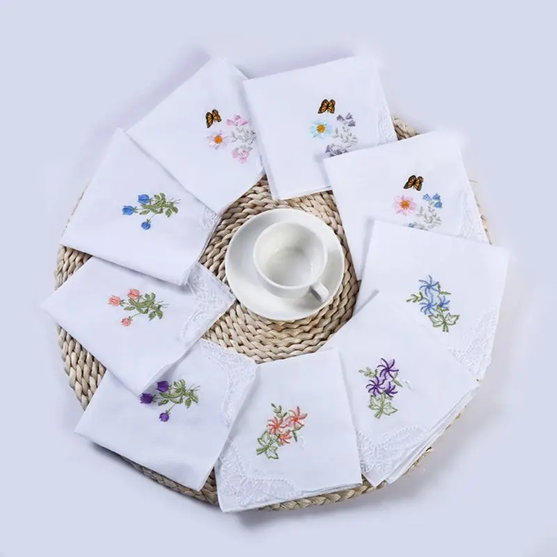 5Pcs/Set 11x11 Inch Womens Cotton Square Handkerchiefs Floral Embroidered with for Butterfly Lace Corner Pocket Hanky