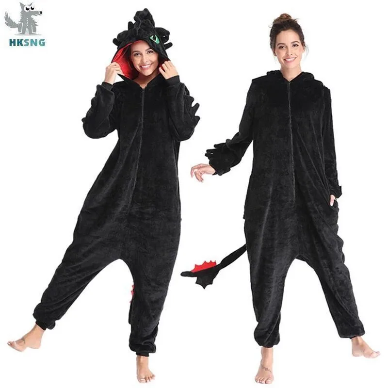 HKSNG New Arrival  Kigurumi Dragon Onesies Animal Winter Flannel Pajamas Adult Halloween Party Costume Jumpsuit