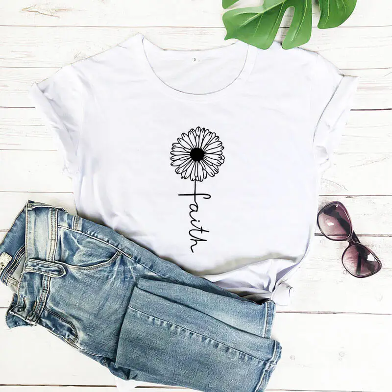 

Faith Cross With Flower Graphic Print 2020 New Arrival Summer 100%Cotton Funny T Shirt Christian Shirt Religious Shirt