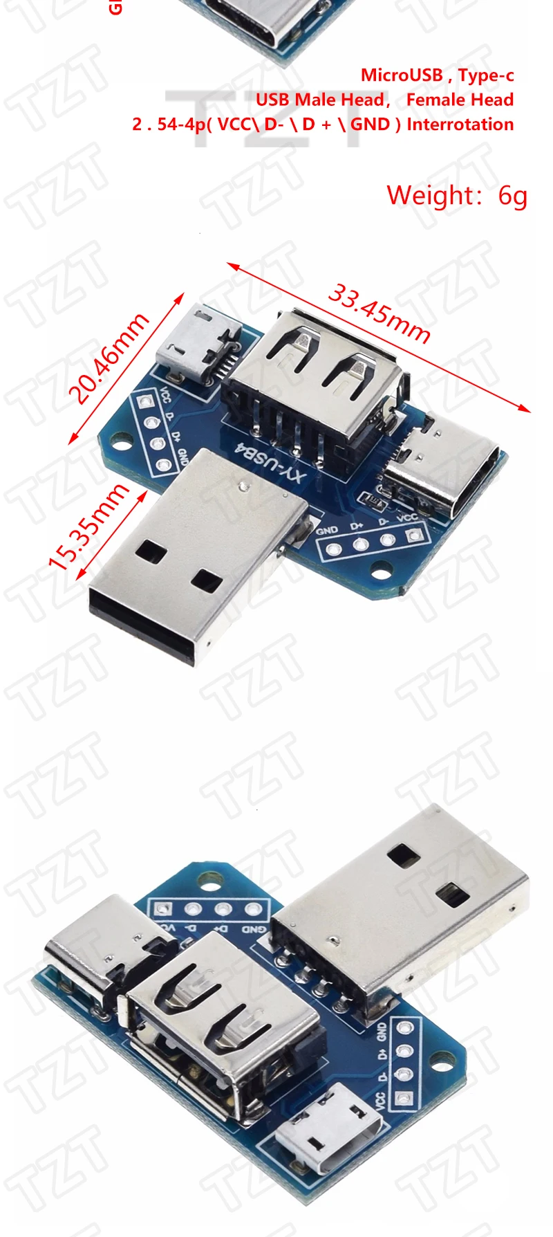 TZT USB-Kopf-Schalttafel-Stecker, USB-Anschluss auf Typ-C-Micro-Buchse, USB 2,54-4P, Übertragungstestplatine, USB-Adapterplatte XY-USB4 – Detail 4